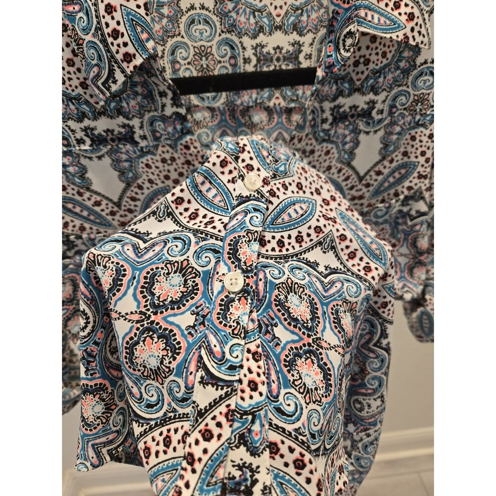 Express Portofino Shirt Small S Slim Fit Paisley Medallion Blouse Roll Tab - Picture 4 of 13